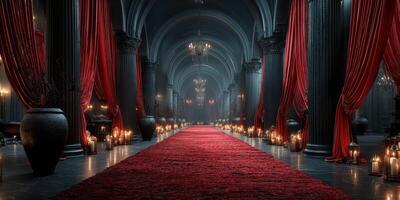 Dramatic interior of a gothic hall with elaborate decorations, carpets, candles, and rich fabrics creating a mysterious atmosphere photo