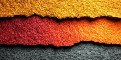 Colorful layered paper texture showcasing warm tones of red, orange, and yellow contrasting with dark gray background photo