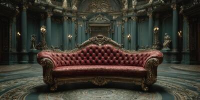 Luxurious vintage red sofa in an ornate historic interior with intricate details and elegant decor photo