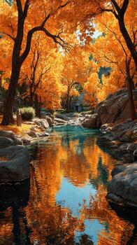 Autumn landscape with orange trees and a reflective stream in a tranquil setting photo
