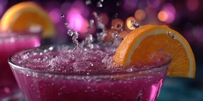 Vibrant cocktail splashes in glass with orange slice at lively bar during nighttime celebration photo