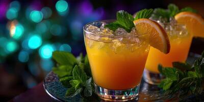 Refreshing tropical cocktails served with mint and orange during a vibrant evening gathering photo