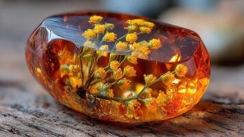 Beautiful amber piece encapsulating delicate flowers in natural sunlight during a serene outdoor setting photo