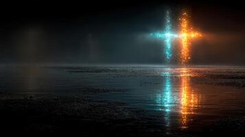 Colorful glowing symbols reflect in calm water at night in a serene environment photo