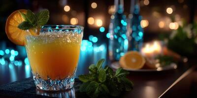 Refreshing orange drink garnished with mint on a bustling evening with glowing lights photo