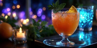 Refreshing cocktail served with mint and orange garnishes in a vibrant, illuminated setting at a nightlife venue photo