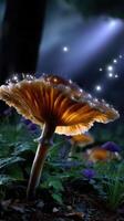 Magical mushroom glowing in the forest under soft light at night with sparkling effects and lush greenery photo