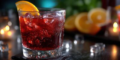 Refreshing cocktail served in a glass with ice and orange slice at a cozy evening gathering photo