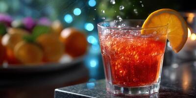 Refreshing cocktail with orange slice and bubbles served at an evening gathering with colorful fruit background photo