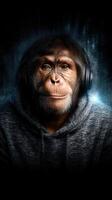 Monkey wearing headphones in a dark environment with a blue glow, showing curiosity and engagement in music photo