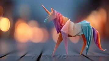 Colorful origami unicorn displayed on a wooden surface with blurred lights in the background during twilight photo