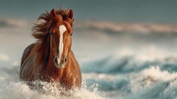 Horse galloping through waves at the beach during sunset with beautiful ocean backdrop photo
