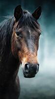 Beautiful brown horse with long mane standing in soft light against a misty background photo