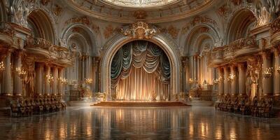 Beautiful grand theater interior with ornate decorations and a shimmering floor during evening light photo