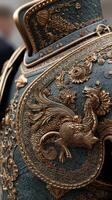 Ornately detailed armor showcasing intricate designs of a dragon and floral patterns at a historical exhibition photo