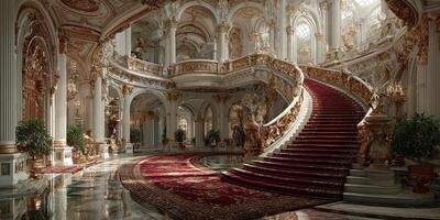 Majestic grand staircase in an opulent palace with intricate architecture and rich decor photo