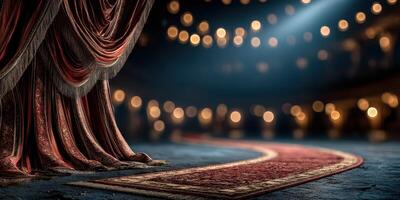 Elegant theater stage with red curtain and illuminated pathway in a dimly lit auditorium photo