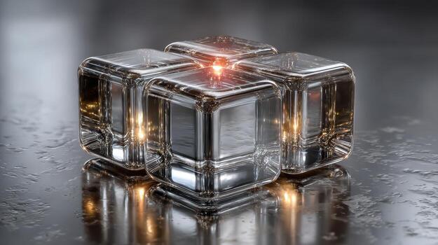 Ice cubes arranged artistically on a reflective surface, showcasing a glow in a modern setting during an indoor gathering photo