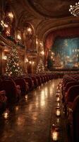 Festive interior of a decorated theater showcasing a holiday ambiance with Christmas trees and soft lighting photo