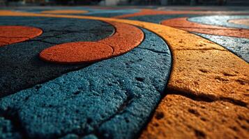 Colorful geometric patterns on a playground surface inspire creativity and playfulness in children during a sunny afternoon outdoors photo