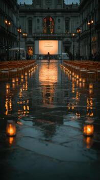 Outdoor screening event at a historic square with glowing lanterns and vibrant chairs in the evening photo