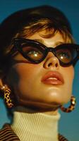Stunning model showcases retro fashion in vibrant sunshine with stylish accessories photo