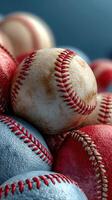 Baseballs stacked together in various colors and textures displayed in a close-up view photo