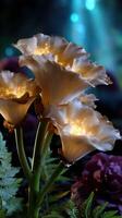 Glow of magical flowers illuminated in a serene garden during twilight hours photo