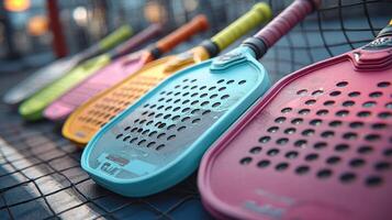 Vibrant paddle rackets arranged on a net during an evening match at a recreational sports facility photo
