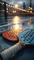 Rainy evening highlights two colorful paddles on a slick court, ambiance set by glowing lights in a vibrant sporting atmosphere photo
