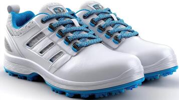 Stylish white golf shoes with blue accents for enhanced performance on the course photo