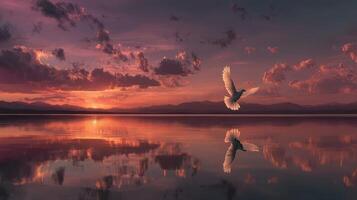 Dove soaring above a serene lake at sunset with colorful reflections and distant mountains photo
