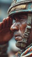Soldier salutes in ceremonial attire during military event honoring service and sacrifice at dawn photo