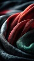 Textile patterns form an intricate wave of red, green, and black fabric, highlighting textile craftsmanship and design aesthetics photo