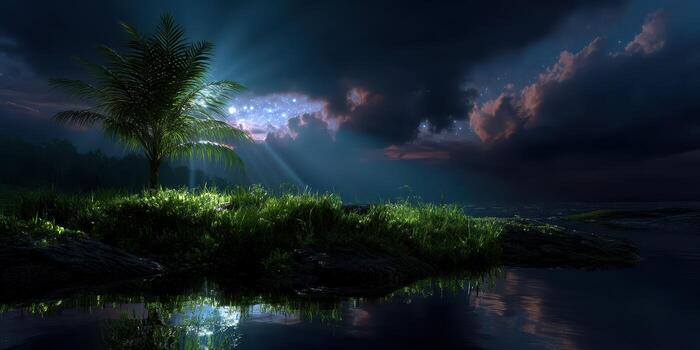 Serene night landscape with a lone palm tree under a starlit sky and soft light reflecting on calm water photo