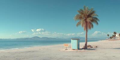 Relaxing beach scene with a palm tree and colorful hut during a sunny day by the ocean photo