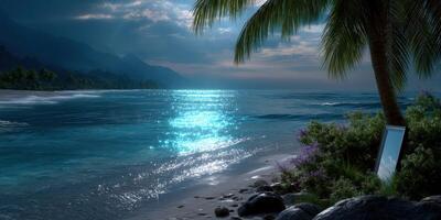 Tranquil ocean view with palm trees and reflective mirror at twilight near a coastal paradise photo