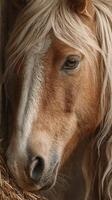 Majestic brown horse with long mane enjoying hay in a rustic barn setting during golden hour photo