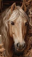 Horse peering through straw in a rustic barn during daylight hours in the countryside photo