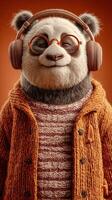 Furry panda enjoying music while wearing stylish glasses and cozy sweater against an orange background photo