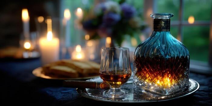 Elegant setup with whiskey, candles, and snacks creating a cozy atmosphere in the evening light photo