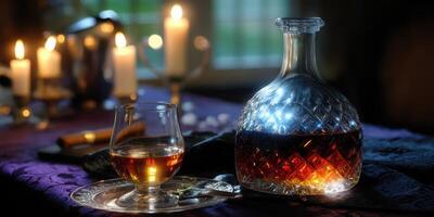 Elegant decanter and glass of amber liquid illuminated by candlelight in a cozy setting photo