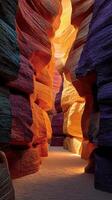 Colorful rock formations illuminate a narrow canyon during golden hour photo