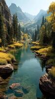 Serene river winding through vibrant autumn landscape at sunrise in a mountainous region photo