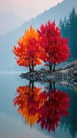 Vibrant autumn trees reflecting on a serene lake in a mountainous landscape during early morning photo