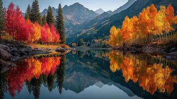 Vibrant autumn colors reflected in a serene lake surrounded by mountains and trees during a clear day photo