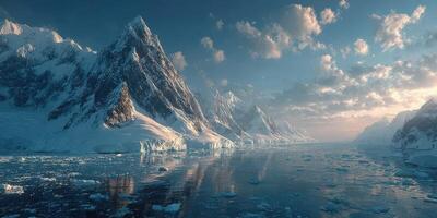 Majestic snow-capped mountains reflect in tranquil waters at dusk in a remote polar region photo