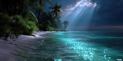Enchanting coastal landscape with palm trees under twilight sky reflecting on tranquil ocean waters photo