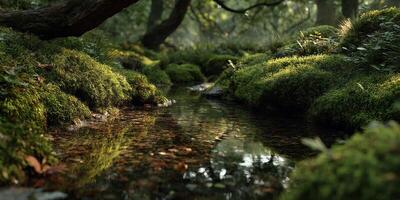 Tranquil forest stream surrounded by lush greenery in a serene natural setting during daylight hours photo