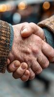 Two hands shaking in a warm gesture of friendship during a casual gathering in a relaxed outdoor setting photo
